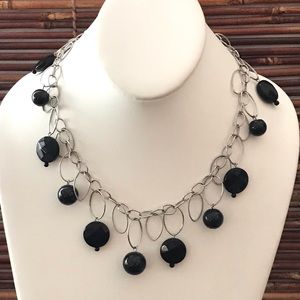 White House Black Market Cha Cha Black Glass Beaded Silver Tone Necklace